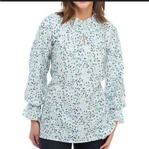 Kaari Blue White With Blue/ Green Spots Long Sleeve Blouse Size Large